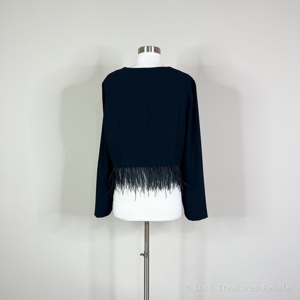 White House Black Market | Black Feather Hem Open Front Cropped Jacket Blazer L - Picture 5 of 8